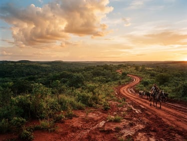 Cinematic wide-angle shot of Paraguayan red earth landscape at golden hour, low horizon, expansive warm sky, medium format film style