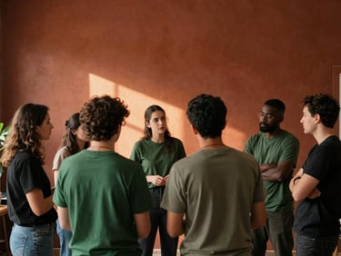 Behind-the-scenes video production set in Asunción, soft ambient indoor light, creative team collaborating, medium format film.