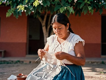 Warm natural-light environmental portrait of a local Paraguayan artisan weaving traditional lace in a sunlit courtyard, medium format film style