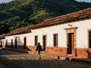 A traveler walking through a historic Paraguayan village, warm natural sunlight, rich shadows, medium format film.
