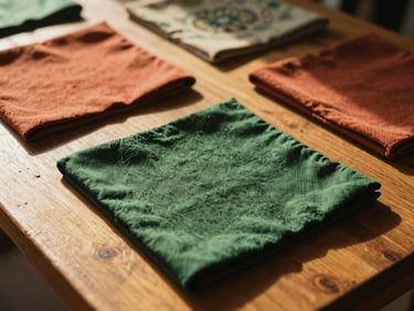 Close-up of local artisanal Paraguayan crafts on a wooden table, warm golden-hour sunlight, rich shadows, medium format film.