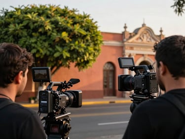 Behind-the-scenes cinematic over-the-shoulder shot of a camera crew filming on location in Asunción, golden hour light, warm editorial photography