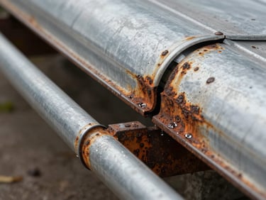 Close-up of heavily rusted aluminum gutter section with visible joint separation and standing water residue, overcast daylight on the metal surface showing corrosion detail