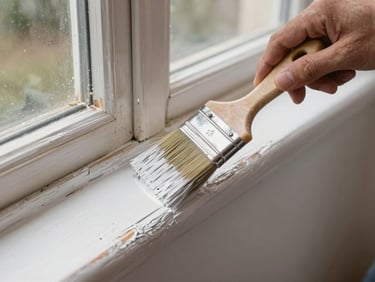 Close-up of a paint brush applying fresh exterior paint over a previously water-stained wood trim board, overcast daylight, hands and tool in sharp focus, no faces