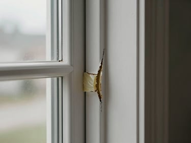Close-up of a residential window corner with failed exterior caulk line cracked and pulling away from the frame, overcast daylight showing the gap and weathered sealant bead