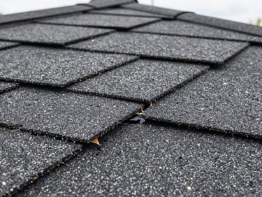 Extreme close-up of cracked asphalt shingles with visible lifted edges and granule loss on a residential roof, overcast natural daylight revealing surface texture and water-entry gap