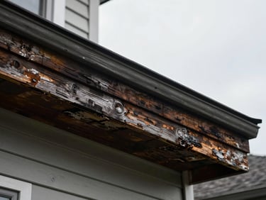 Close-up of rotted wood fascia behind detached vinyl siding panel on a house exterior, overcast daylight showing darkened wood grain and moisture damage beneath the cladding