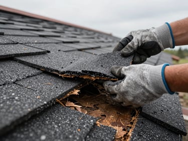 Close-up of a worker's gloved hands lifting a damaged asphalt shingle to reveal rotted roof deck below, overcast daylight, clinical framing from above