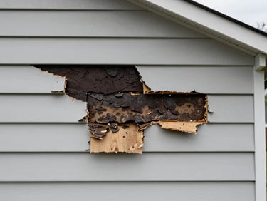 Medium shot of a section of house siding being removed mid-project, revealing dark moisture damage and cracked sheathing underneath, overcast daylight, straight-on framing