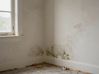Interior room corner showing water-stained drywall with visible mold bloom and buckled baseboard from prolonged moisture intrusion, overcast window light illuminating the damage pattern