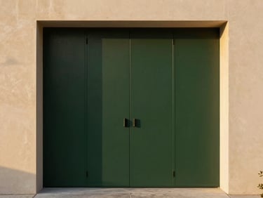 Minimalist modern residential estate entrance, clean lines, symmetrical framing, golden hour