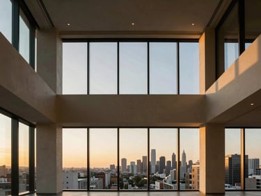 Luxury penthouse interior with high ceilings, floor-to-ceiling windows overlooking a city skyline at sunset, warm minimalist design