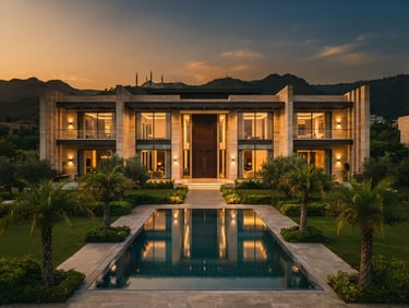 Symmetrical architectural shot of a modern luxury villa in Islamabad at golden hour, clean lines, warm light reflecting off marble facade, 35mm