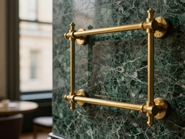 Close-up detail of premium brass fixtures and dark green marble wall in a luxury London advisory suite, soft window light, 35mm