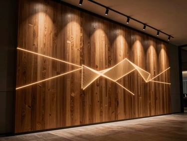 Wide shot of a custom large-scale laser-cut wall installation in a modern minimalist interior, manipulating light and shadow, warm ambient lighting.