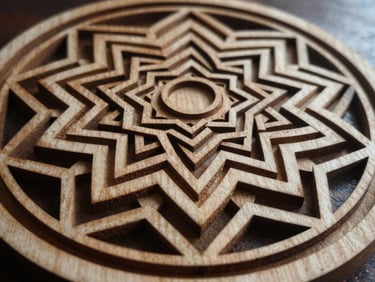 Close-up of a multi-layered birch wood laser-cut mandala, showcasing intricate geometric patterns and physical depth, side-lit natural daylight, rich wood textures.