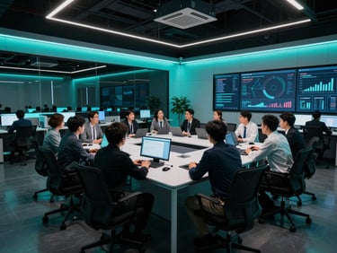 Dramatic wide-angle shot of a collaborative strategy session in a modern, high-contrast office, electric cyan lighting accents, professional team analyzing digital dashboards