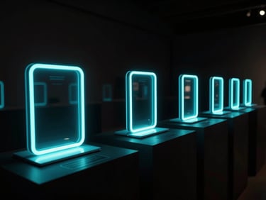 Macro shot of a glowing neon product display inside a dark gallery, electric cyan highlights, dramatic shadows, high-contrast editorial style.