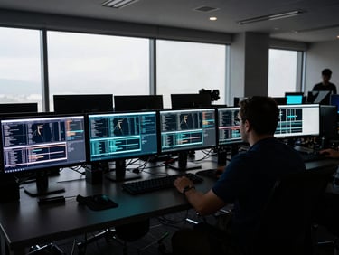 Behind-the-scenes technical setup with glowing monitor screens showing campaign metrics, dark control room, high-contrast natural office light.