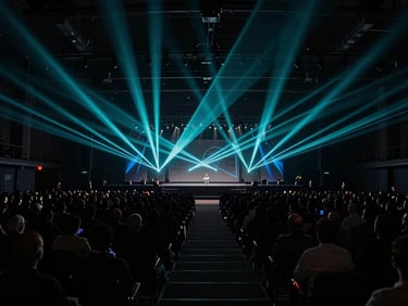 Dramatic stage lighting at a tech keynote, electric cyan laser beams cutting through deep shadows, wide-angle view of a packed auditorium.