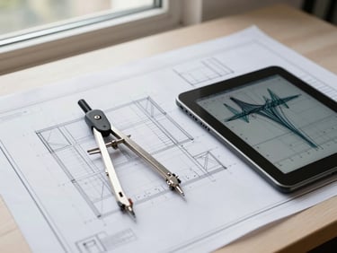 Clean architectural drafting table, high-resolution structural blueprint drawings spread out, a silver precision compass, a digital tablet showing structural stress analysis, bright daylight from a side window