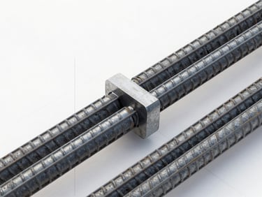 A close-up of a high-resolution 3D structural render showing concrete reinforcement bars and steel connections, clean white background, technical grid lines overlay