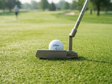 Crisp athletic photography of a premium putter face perfectly aligned with a golf ball on a pristine morning green, shallow depth of field, 35mm