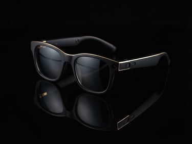 Sleek smart glasses resting on a black reflective surface, low-key dramatic studio lighting, sharp gold rim highlights, deep black background, macro lens