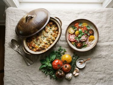 Overhead shot of two ceramic stoneware dishes, one with a lid, on a textured linen tablecloth next to a small stack of fresh, seasonal ingredients like heirloom tomatoes and herbs, soft window light, rich organic tones