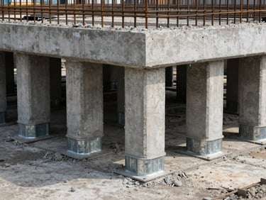 Straight-on structural shot of a reinforced deck foundation, showing newly poured concrete piers and heavy-duty galvanized steel post bases.