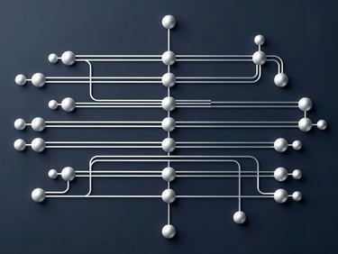 A flat-lay technical schematic of data pathways, clean vector lines on a dark navy background, precise white and silver geometric nodes, cold clinical lighting.