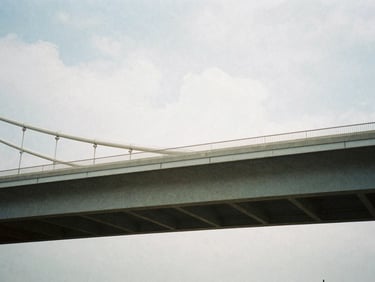 Wide-angle architectural film photography of a modern, clean bridge structure under a soft overcast sky, desaturated cool tones, 35mm wide-angle.