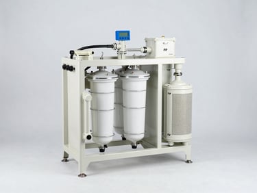 Wide-angle studio shot of a complete integrated filtration system unit — drum filter, bio-filter chamber, and skimmer assembled as a single modular block, PP off-white body, pipe connections labeled, bright even lighting, isolated on light grey