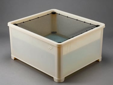 Overhead and slightly angled studio shot of a rectangular PP fish pond box, off-white polypropylene panels, corner reinforcement visible, anti-jump net frame attached, even studio lighting on neutral background