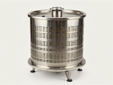 Head-on studio shot of a rotating drum filter unit — cylindrical stainless-and-PP body with fine horizontal slot screen visible, clean white studio lighting, equipment isolated on off-white background, scale indicator along the base