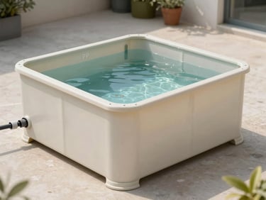 Overhead shot of a rectangular PP fish pond box in off-white polypropylene installed in a clean courtyard setting, water surface visible, structured piping connections at one end, natural daylight, no people, no text