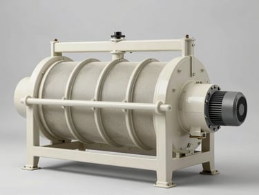 Head-on studio shot of a large industrial drum filter unit in off-white PP material, bright even lighting, visible mesh screen drum and drive motor, against a clean light grey background, no text, no people