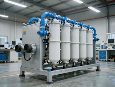 Three-quarter angle shot of a modular integrated filtration system assembly in a factory workshop, multiple PP components connected with blue PVC piping, bright industrial overhead lighting, clean concrete floor, no people, no text