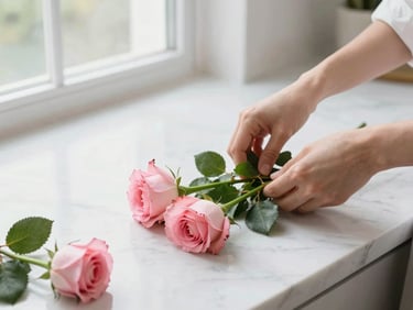 A designer's hands carefully arranging fresh green stems and soft pink garden roses on a clean marble counter, natural window light
