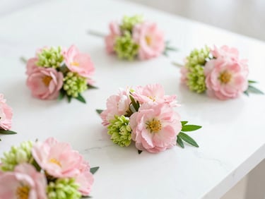 Bright editorial close-up of delicate pink and green floral arrangements on a clean white marble table, soft natural daylight, shallow depth of field