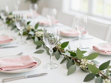 An elegant, perfectly styled tablescape with crystal glassware and soft green foliage runners, bright daylight, 35mm lens