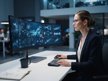 Modern, clean workspace with abstract data visualizations on a screen, cool-toned studio lighting, deep blue and white tones, clean composition, 35mm