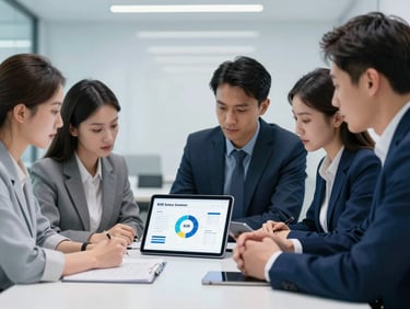 Professional collaborative meeting in a modern office, focused on a tablet displaying a B2B sales funnel, cool-toned lighting, 35mm