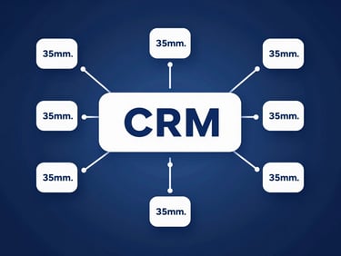 Abstract data visualization of a CRM automation workflow with interconnected nodes, cool studio lighting, deep blue and white tones, clean composition, 35mm