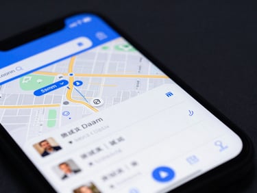 Macro shot of a smartphone screen showing a local search result with a map and business listing, cool studio lighting, 35mm