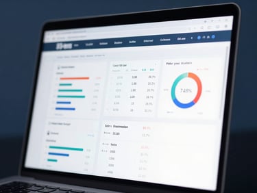 Close-up of a laptop screen displaying an e-commerce analytics dashboard with sales figures and conversion rates, cool studio lighting, 35mm