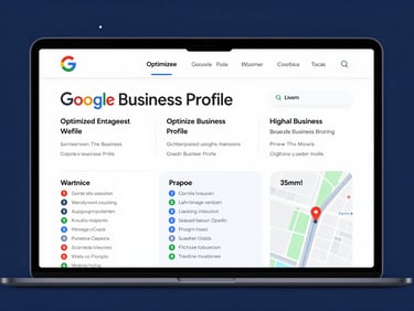 Screen showing optimized Google Business Profile with high engagement metrics and map pins, cool studio lighting, deep blue and white tones, clean composition, 35mm