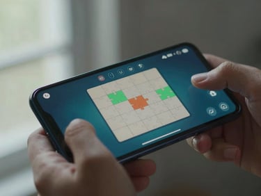 Close-up of hands holding an Android phone mid-game, fingers on screen, a grid-based puzzle interface lit by cool window daylight from the left, shallow depth of field on the screen surface