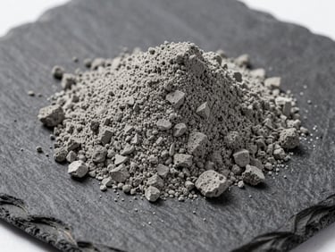 Macro shot of raw grey pozzolan powder resting on a dark slate surface, cool-toned studio lighting, extreme texture detail, 35mm