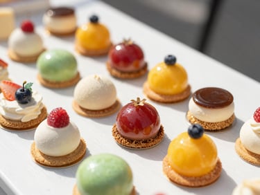 Close-up of a vibrant sweet table with colorful artisanal desserts, bright daylight, shallow depth of field.